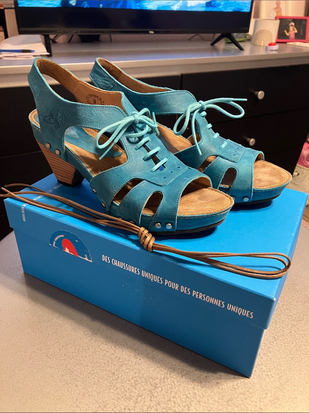 John Fluevog Joni Turquoise Lace-Up Cutout Sandals